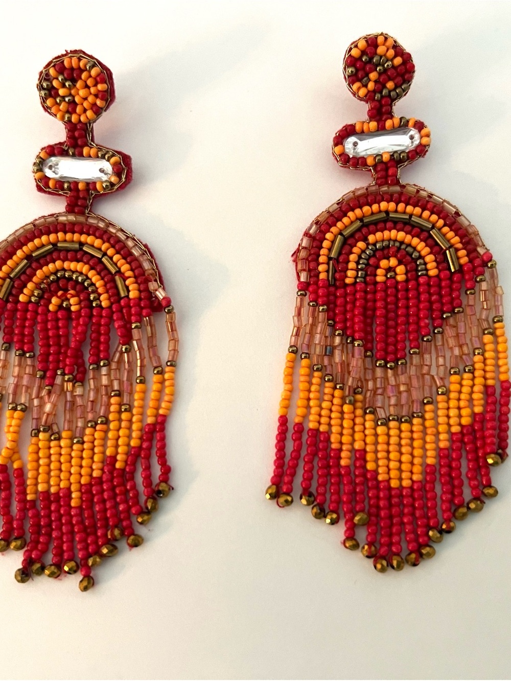 Beaded Fringe Earrings - Red & Orange